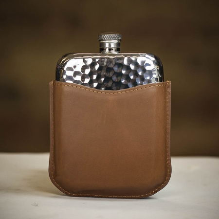 English Pewter Co English Pewter Co Pewter Hammered Hip Flask with Brown Leather Sleeve - 6oz