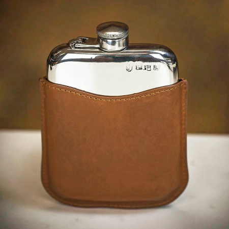 English Pewter Co English Pewter Co Captive Top Pewter Hip Flask with Brown Leather Sleeve - 6oz